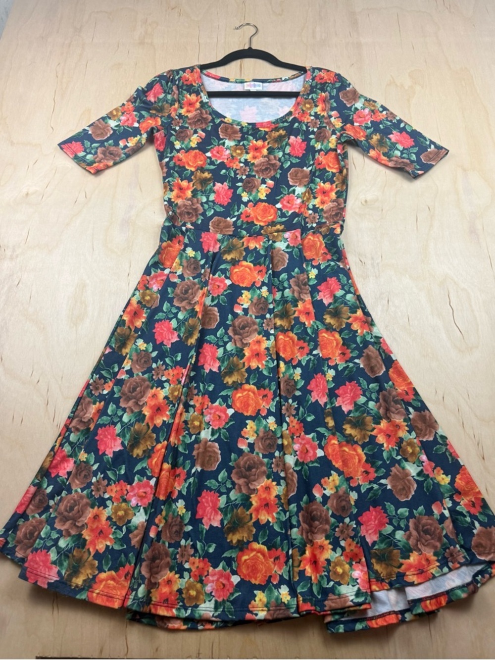 LuLaRoe Navy Floral Fit & Flare Dress with Orange and Brown Blooms